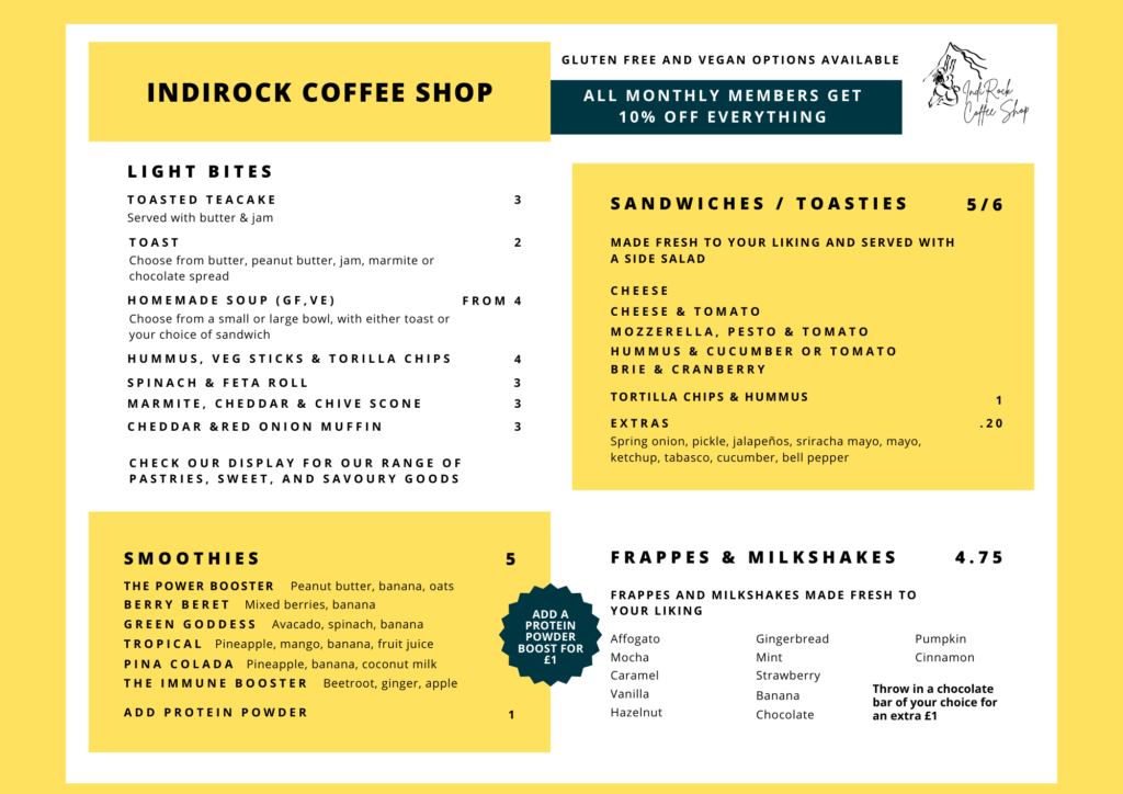 Indirock coffee shop menu